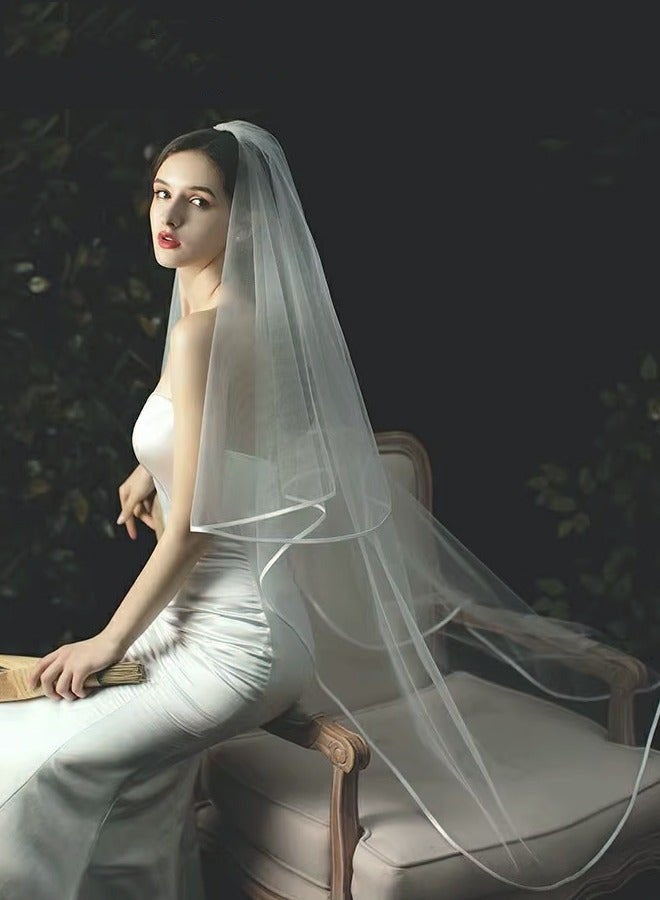 دوركو طرحة زفاف نسائية طويلة بحافة الشريط مع مشط وأنيقة - Image 1