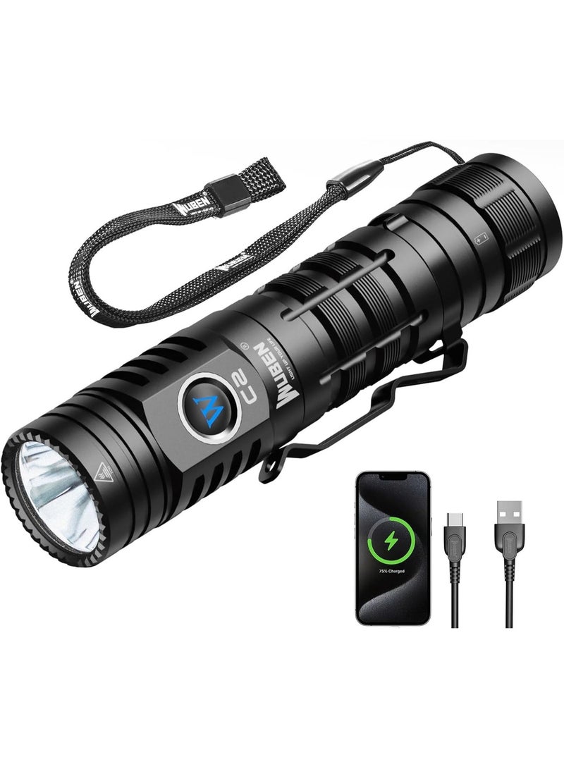 WUBEN C2 Torch Light Rechargeable, 2000 Lumens Tactical Flashlight 7 Modes Flash Light, Super Bright Torch IP68 Waterproof for Outdoor Camping Hiking Emergency - Image 1