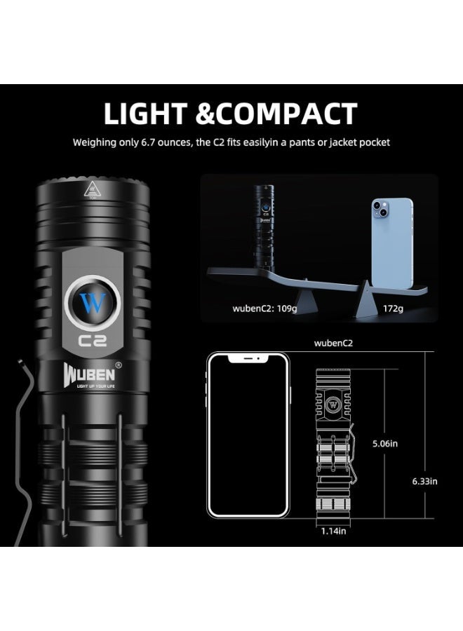 WUBEN C2 Torch Light Rechargeable, 2000 Lumens Tactical Flashlight 7 Modes Flash Light, Super Bright Torch IP68 Waterproof for Outdoor Camping Hiking Emergency - Image 2
