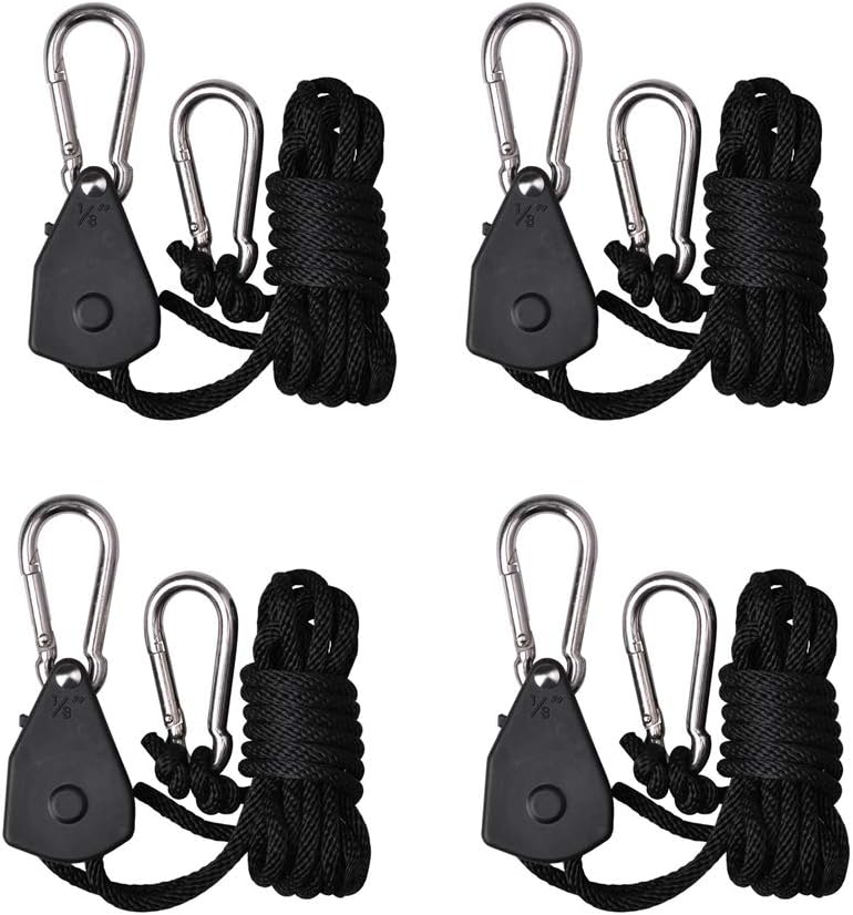TopoGrow 4PCS/2 Pairs Adjustable Rope Hanger Ratchet Tie Down Ratchet Straps Grow Light Hangers 1/8'' 150lb Reinforced Internal Gears Ratchets for LED Grow Lights, Various Hanging and Strapping - Image 1