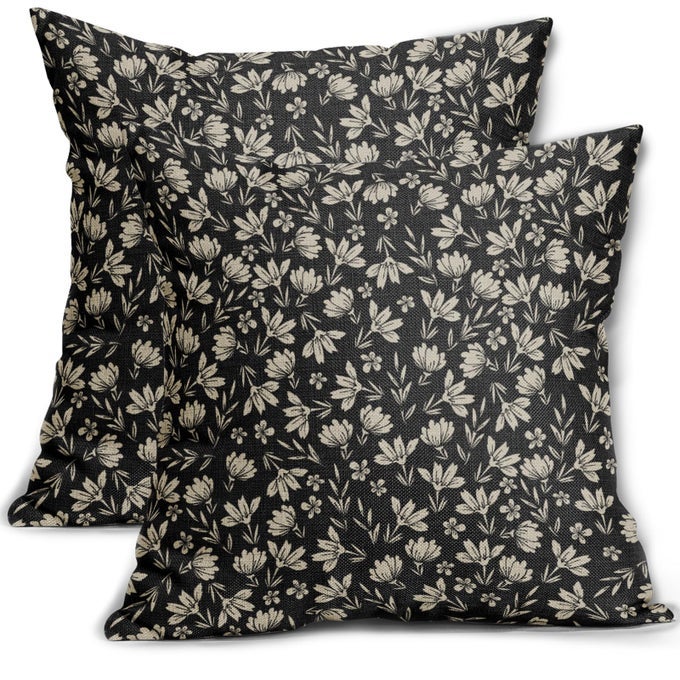 Vintage Flower Pillow Covers 20x20 Set of 2 Black Brown Floral Block Print Rustic Decorative Throw Pillows Outdoor Pillowcase Farmhouse Linen Cushion Case Decor for Home Sofa Couch Bed