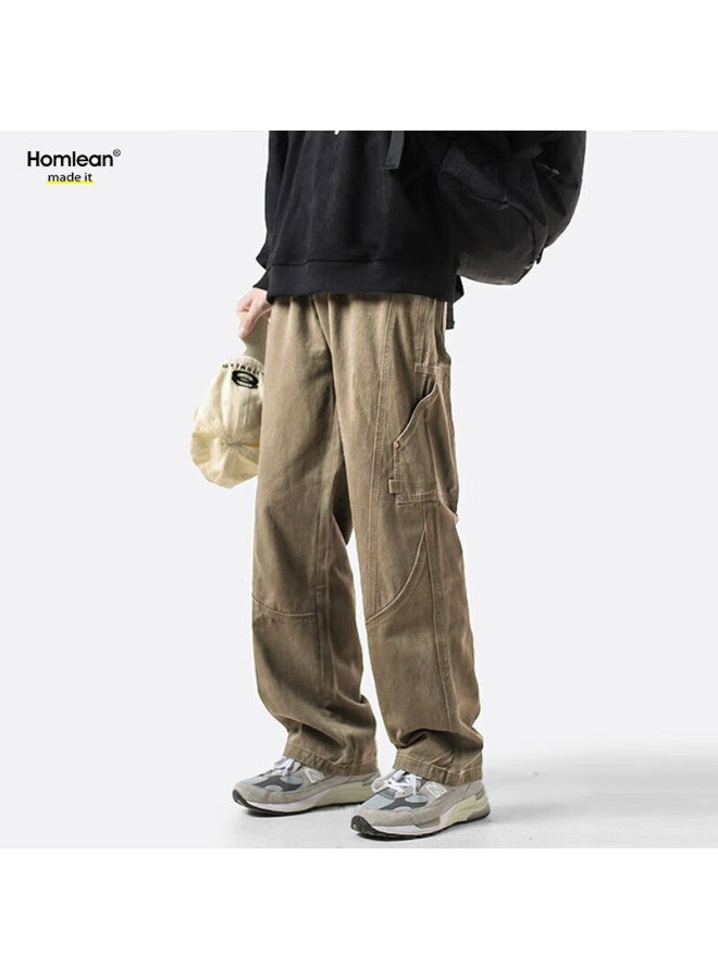 Homlean American-style Casual Pants For Men, Winter Niche Trendy Retro Loose Cargo Trousers, 24k30160, Khaki, Size L - Image 2