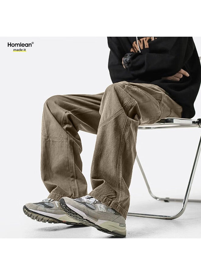 Homlean American-style Casual Pants For Men, Winter Niche Trendy Retro Loose Cargo Trousers, 24k30160, Khaki, Size L - Image 1