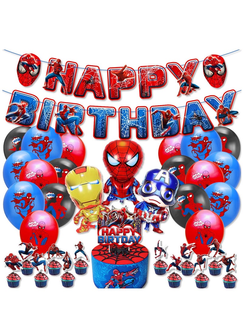 مجموعة تزيين حفلات أعياد الميلاد بموضوع سبايدرمان، لافتة عيد ميلاد سعيد، تزيين الكيك، بالونات علوية للأولاد والبنات، زينة عيد الميلاد - Image 1