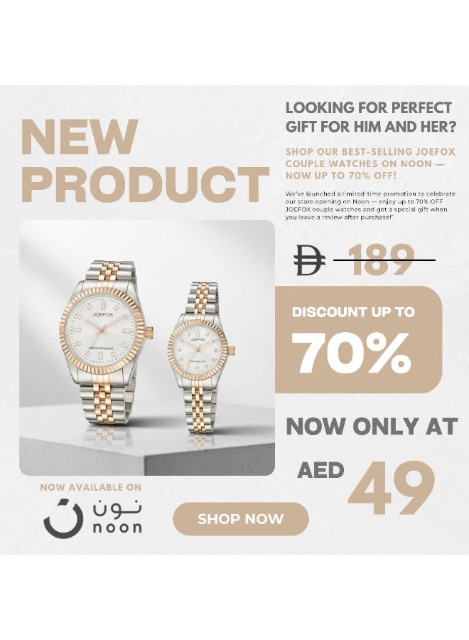 Joefox Luxury Rose gold Analog Quartz Couple Watch set – Waterproof, Stainless Steel Strap,Casual & Formal - Image 2