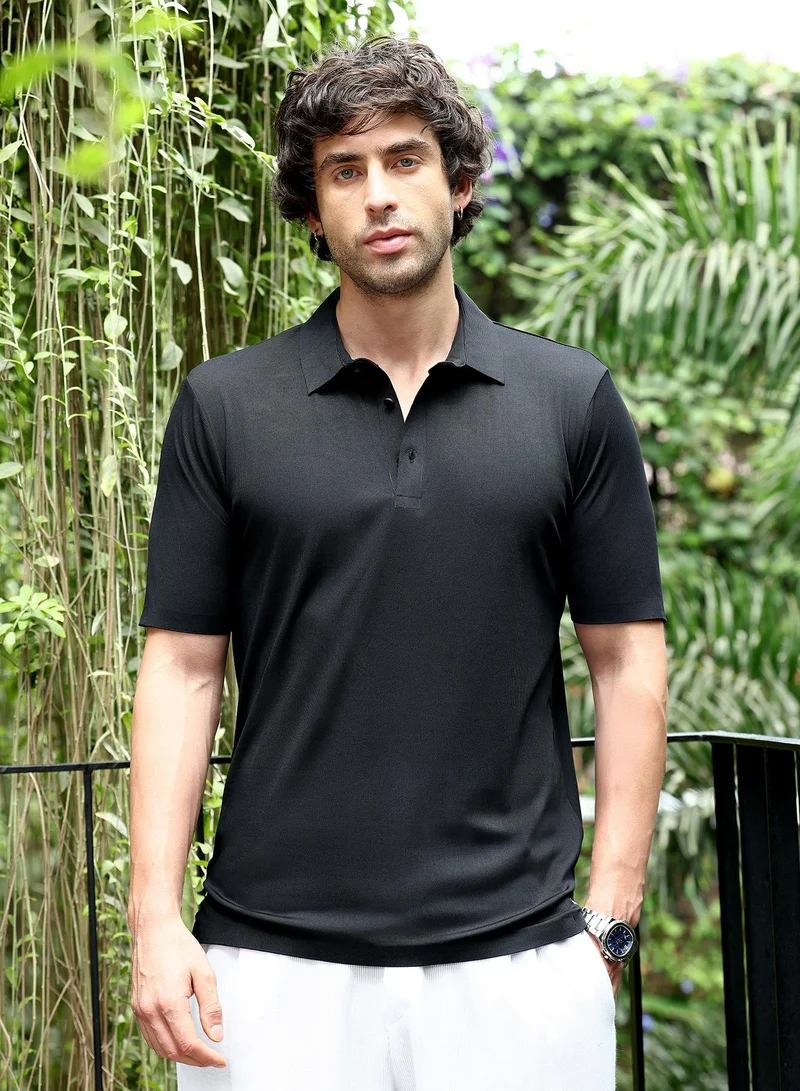 Campus Sutra Men Seamless Ribbed Polo T-Shirt | Ribbed Polo Neck, Short Regular Sleeves | Half-Button , Straight Hem | Solid Ribbed | Knitted Fabric For Casual & Daily Wear | Onyx Black