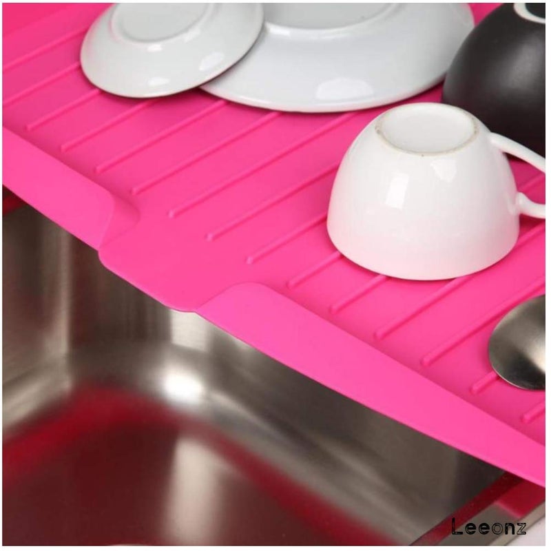 Leeonz Dish Drainer Board Plastic Sink Drip Sloping Draining Tray with Kitchen Storage Bag 1Pack Pink - Image 2