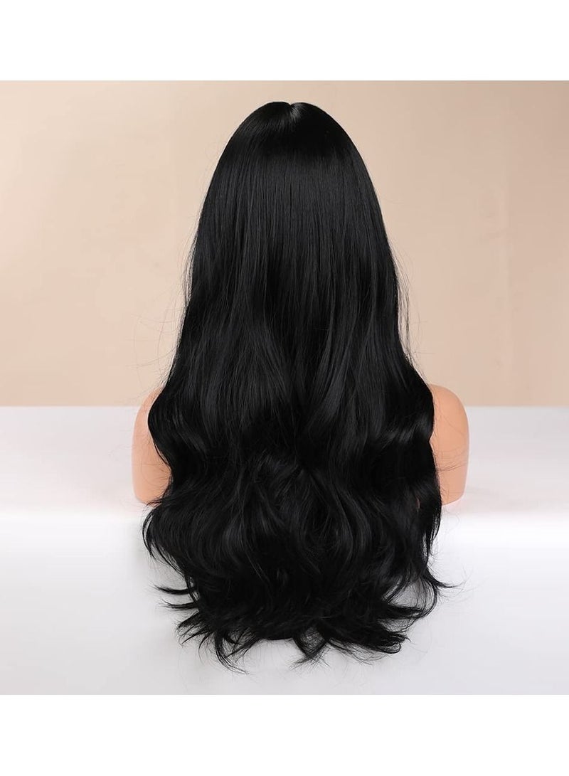 إستيل شعر مستعار طويل فضفاض ومموج مع غرة، باروكات من الألياف المقاومة للحرارة للنساء والفتيات، للاستخدام اليومي والحفلات، أسود - Image 4