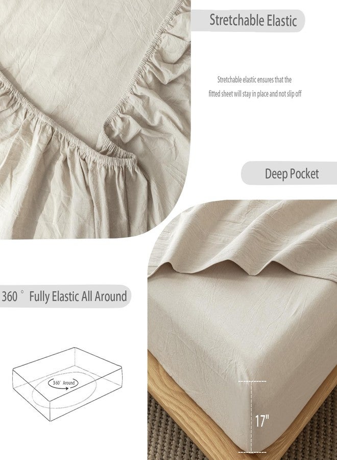 MooMee Fitted Bottom Sheet Only 100% Washed Cotton Linen Like Textured Breathable Durable Soft Comfy Deep Pocket (Tannish Linen Grey, King) - Image 4