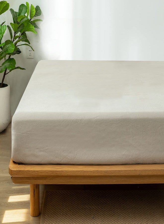MooMee Fitted Bottom Sheet Only 100% Washed Cotton Linen Like Textured Breathable Durable Soft Comfy Deep Pocket (Tannish Linen Grey, King) - Image 3