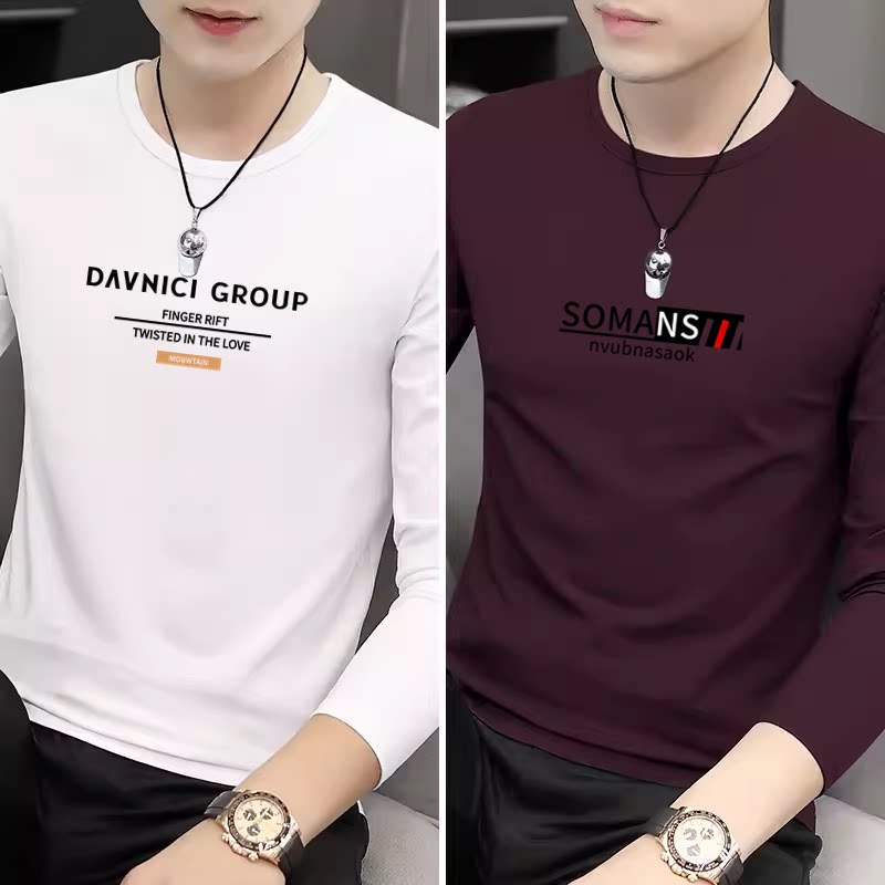 New pure cotton men's long-sleeved t-shirt trendy young and middle-aged round-neck T-shirt loose top and base shirt - Image 1
