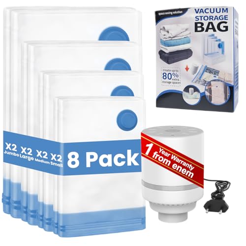 enem Vacuum Bags For Clothes With Pump | Pack of 8 (2 Jumbo, 2 Large, 2 Medium, 2 Small) | Travel Vacuum Bags For Clothes | Wardrobe Organizer For Storage | 1 Year Warranty from enem - Image 1