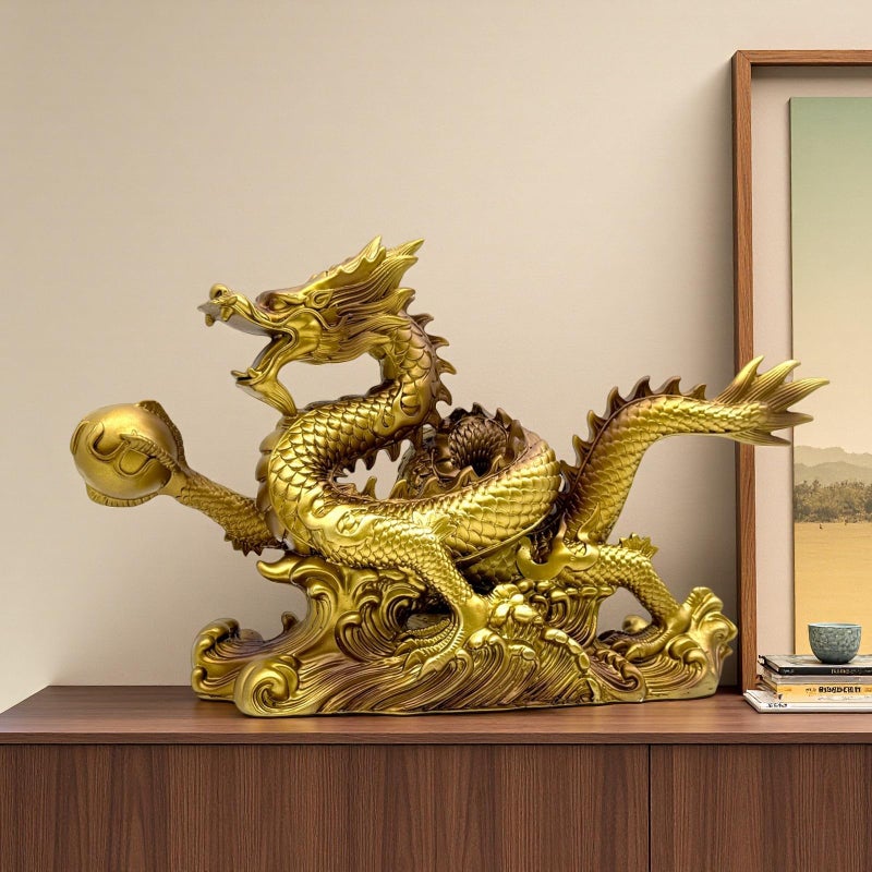 FUNSXBUG 13.6 INCH Chinese Feng Shui Dragon Statue Sculpture Resin Figurines FengShui Decor Home Office Desktop Tabletop Ornaments Decoration Good Lucky Gifts Gold - Image 2