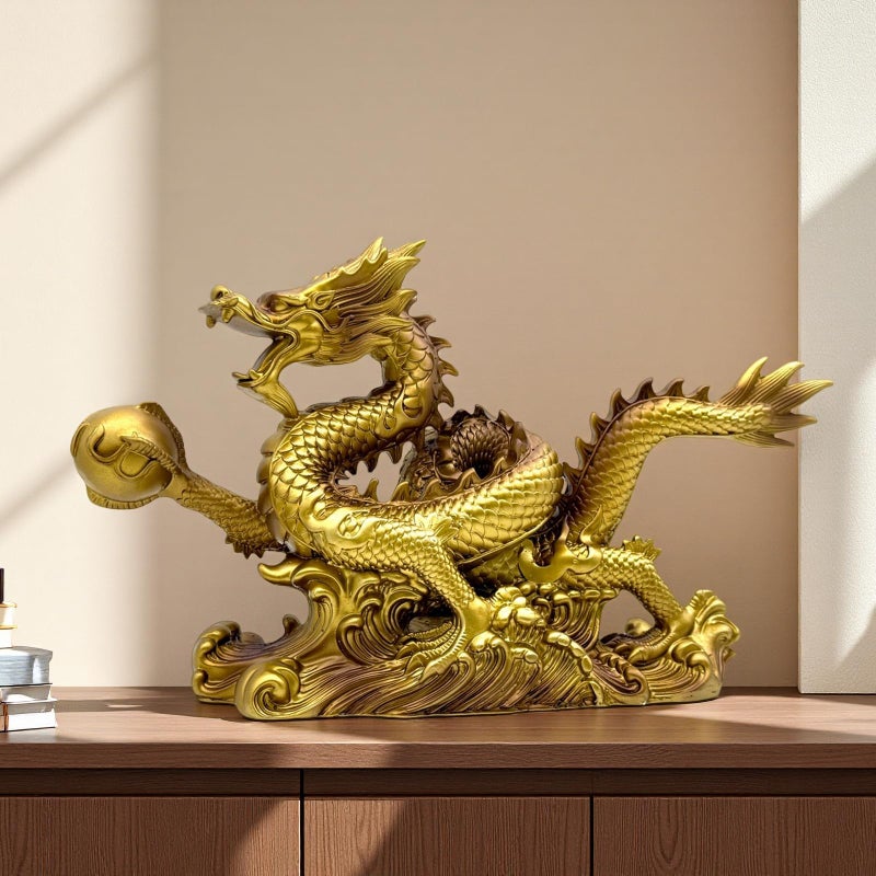 FUNSXBUG 13.6 INCH Chinese Feng Shui Dragon Statue Sculpture Resin Figurines FengShui Decor Home Office Desktop Tabletop Ornaments Decoration Good Lucky Gifts Gold - Image 1