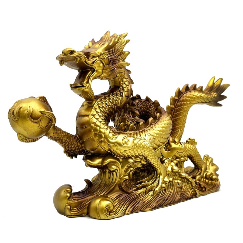 FUNSXBUG 13.6 INCH Chinese Feng Shui Dragon Statue Sculpture Resin Figurines FengShui Decor Home Office Desktop Tabletop Ornaments Decoration Good Lucky Gifts Gold - Image 5