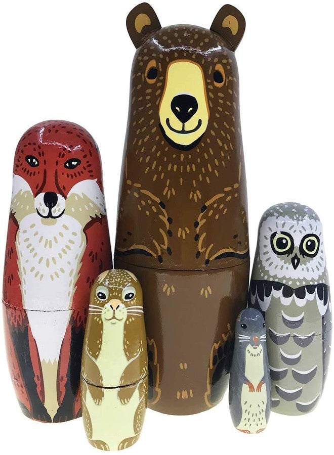 Kakeah Nesting Dolls-Brown Cartoon Owl Bear Fox Raccoon Russian Nesting Dolls Wooden Matryoshka Doll Handmade Stacking Toy Set 5 Pieces for Kids - Image 1