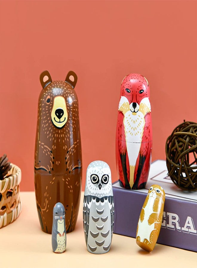 Kakeah Nesting Dolls-Brown Cartoon Owl Bear Fox Raccoon Russian Nesting Dolls Wooden Matryoshka Doll Handmade Stacking Toy Set 5 Pieces for Kids - Image 2