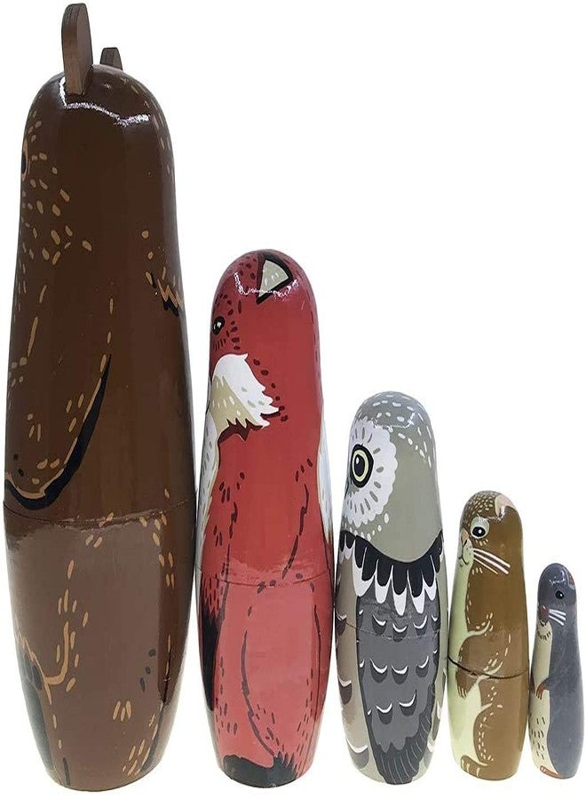 Kakeah Nesting Dolls-Brown Cartoon Owl Bear Fox Raccoon Russian Nesting Dolls Wooden Matryoshka Doll Handmade Stacking Toy Set 5 Pieces for Kids - Image 5