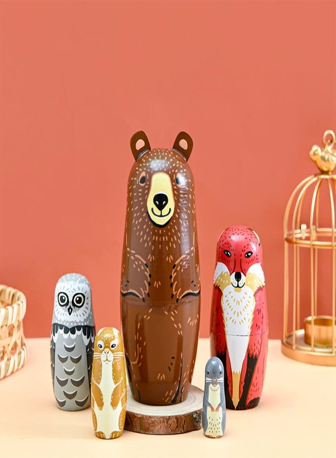 Kakeah Nesting Dolls-Brown Cartoon Owl Bear Fox Raccoon Russian Nesting Dolls Wooden Matryoshka Doll Handmade Stacking Toy Set 5 Pieces for Kids - Image 3