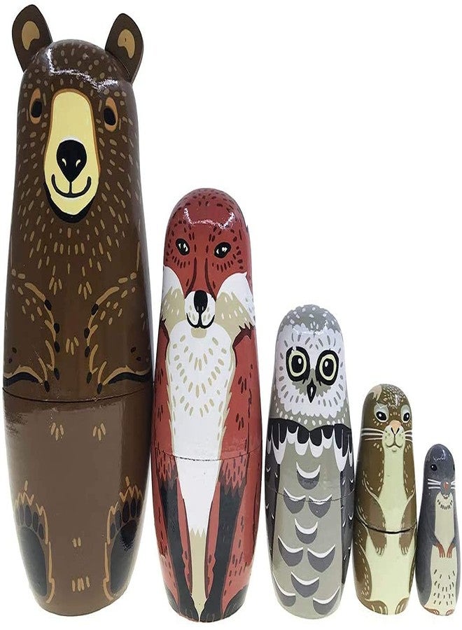 Kakeah Nesting Dolls-Brown Cartoon Owl Bear Fox Raccoon Russian Nesting Dolls Wooden Matryoshka Doll Handmade Stacking Toy Set 5 Pieces for Kids - Image 4