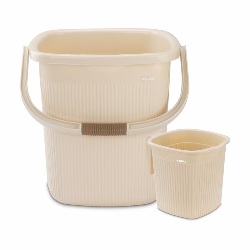 Nayasa Rimmy Plastic Bathroom Set of 2 25 Litre Bucket 15 Litre Mug Medium Beige - Image 1