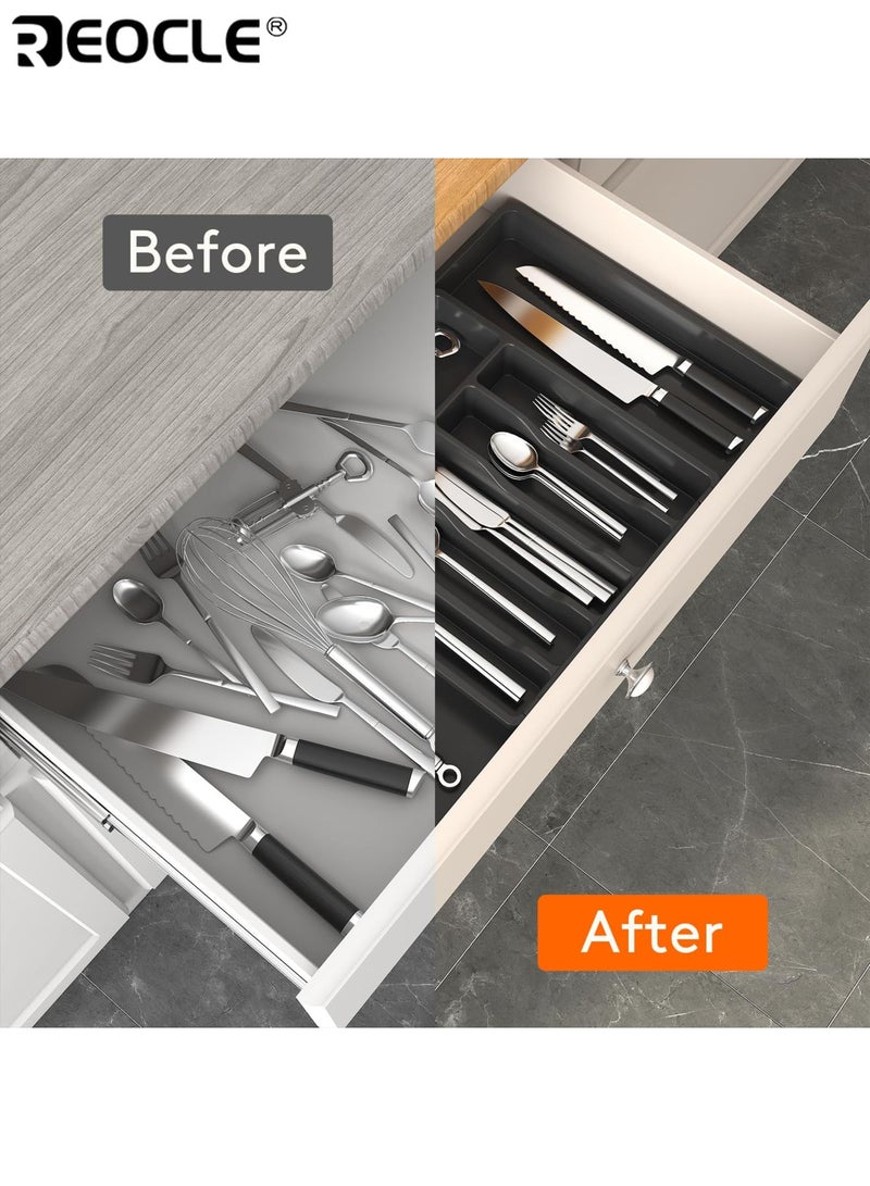REOCLE Expandable Utensil Tray with Adjustable Compartments and BPA Free Design Kitchen Drawer Organizer with Non-Slip Base for Spoon Fork Knife Storage - Image 5