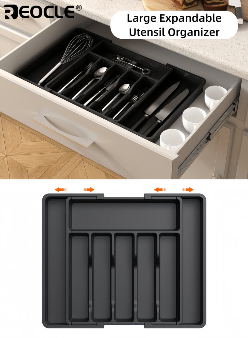 REOCLE Expandable Utensil Tray with Adjustable Compartments and BPA Free Design Kitchen Drawer Organizer with Non-Slip Base for Spoon Fork Knife Storage - Image 1