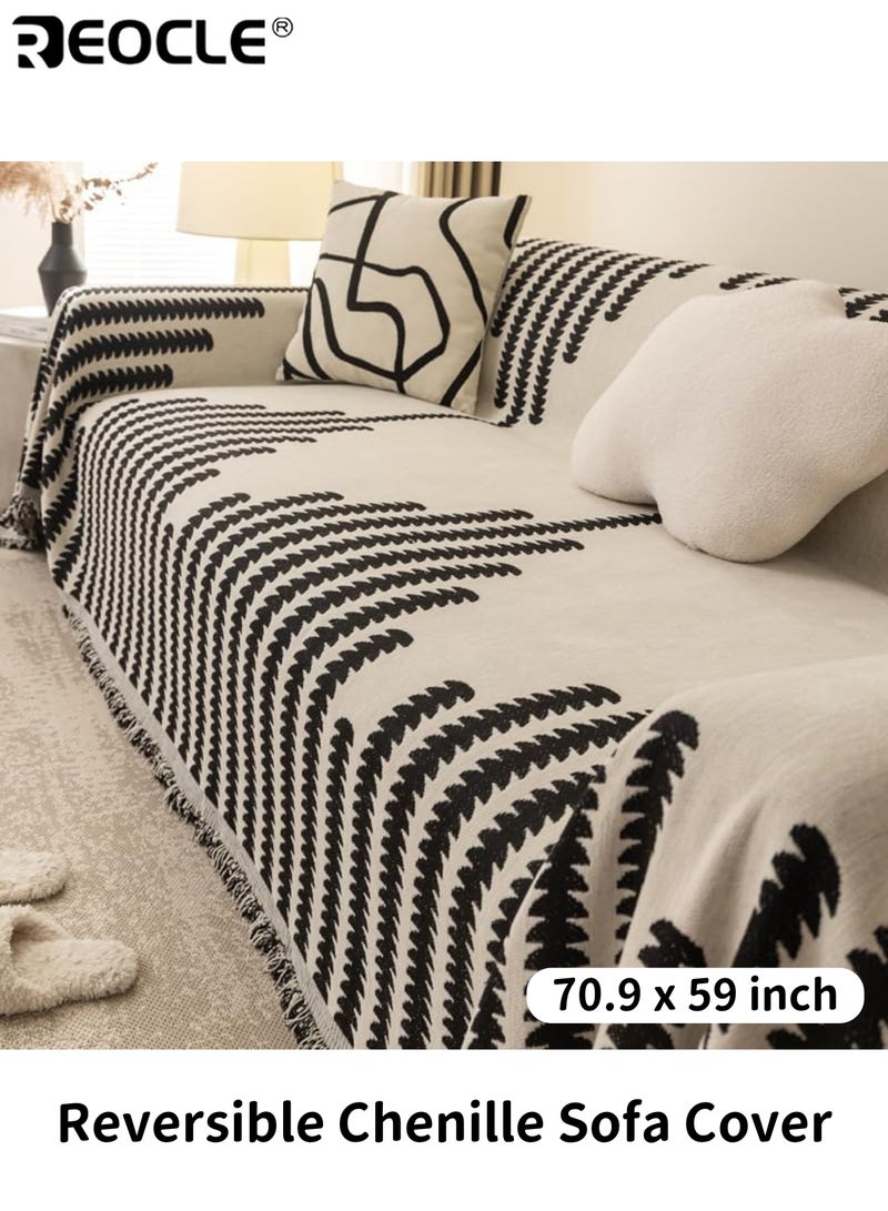 REOCLE Reversible Chenille Sofa Cover Double Sided Soft Couch Protector Durable Stretchable Furniture Cover for Sofa Protection and Decoration Easy to Clean and Install（70.87inch x 59.06inch） - Image 1