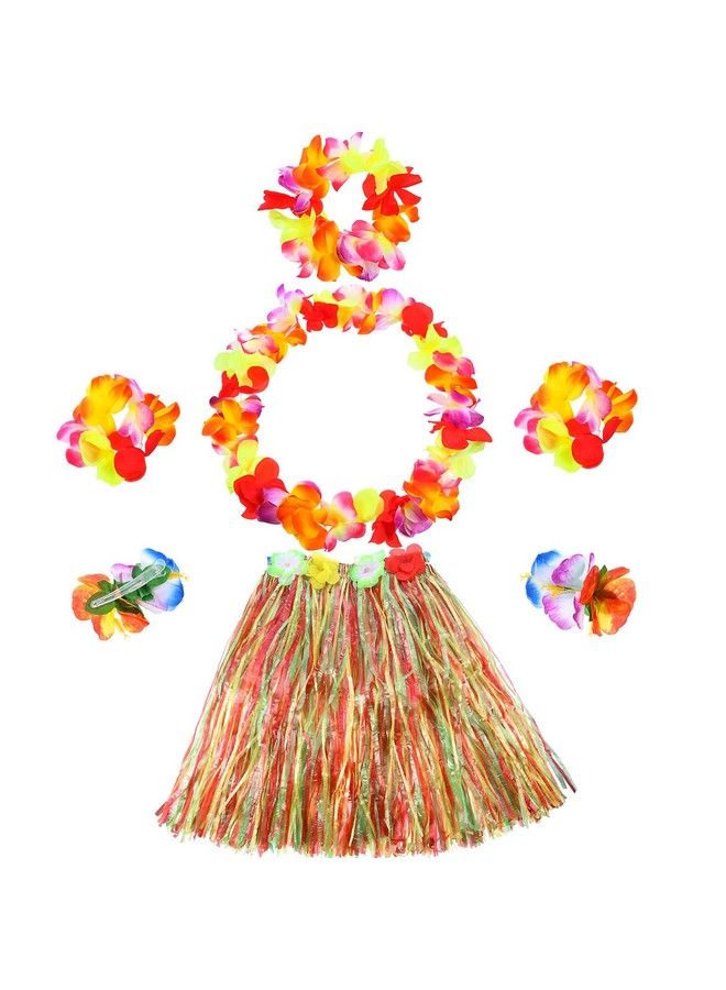 Gejoy 7 Pieces Hawaiian Luau Hula Grass Skirt With Large Flower Costume Set Girl Flower Bracelets Headband Necklace Hibiscus Hair Clip For Dance Performance Party Decorations Favors Supplies  - Image 2