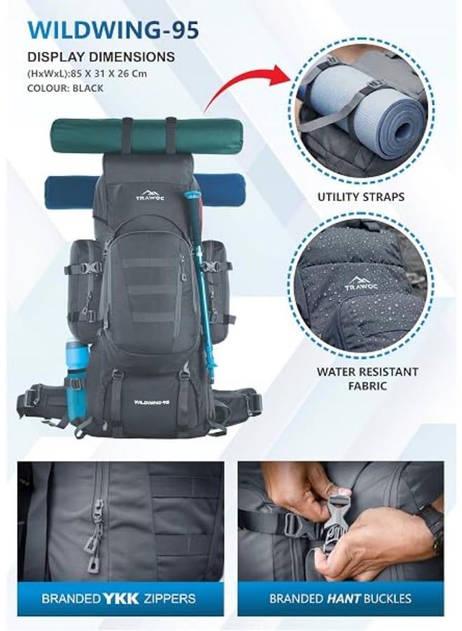 TRAWOC WILDWING 95L Internal Frame Travel Backpack with Detachable Daypack (80+15) / Camping Hiking Trekking Bag Large Rucksack for Men & Women BHK007 - Image 2