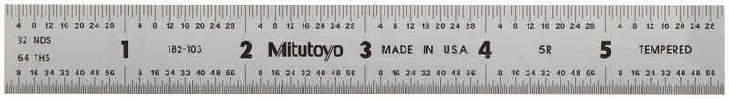 Mitutoyo 182-103, Steel Rule, 6" (5R), (1/32, 1/64", 1/10", 1/100"), 3/64" Thick X 3/4" Wide, Satin Chrome Finish Tempered Stainless Steel - Image 1