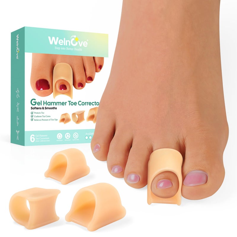 Welnove Hammertoe Corrector 6 Pack Toe Splints Soft Gel Toe Straighteners Realign Bent Curled Crooked Claw Hammer Toes Toe Corrector for Men and Women 3 Different Sizes Beige