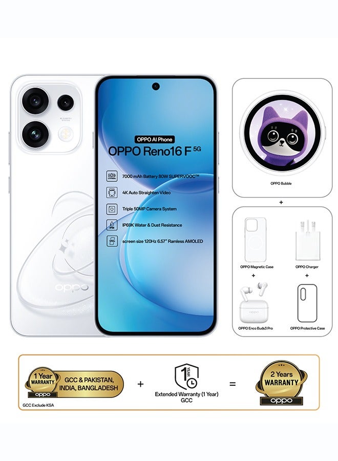 أوبو Reno16 F AI Phone Dual SIM 5G Pop White 8GB RAM 256GB With OPPO Bubble + OPPO Enco Buds3 Pro + OPPO Magnetic Case - Middle East Version - Image 1