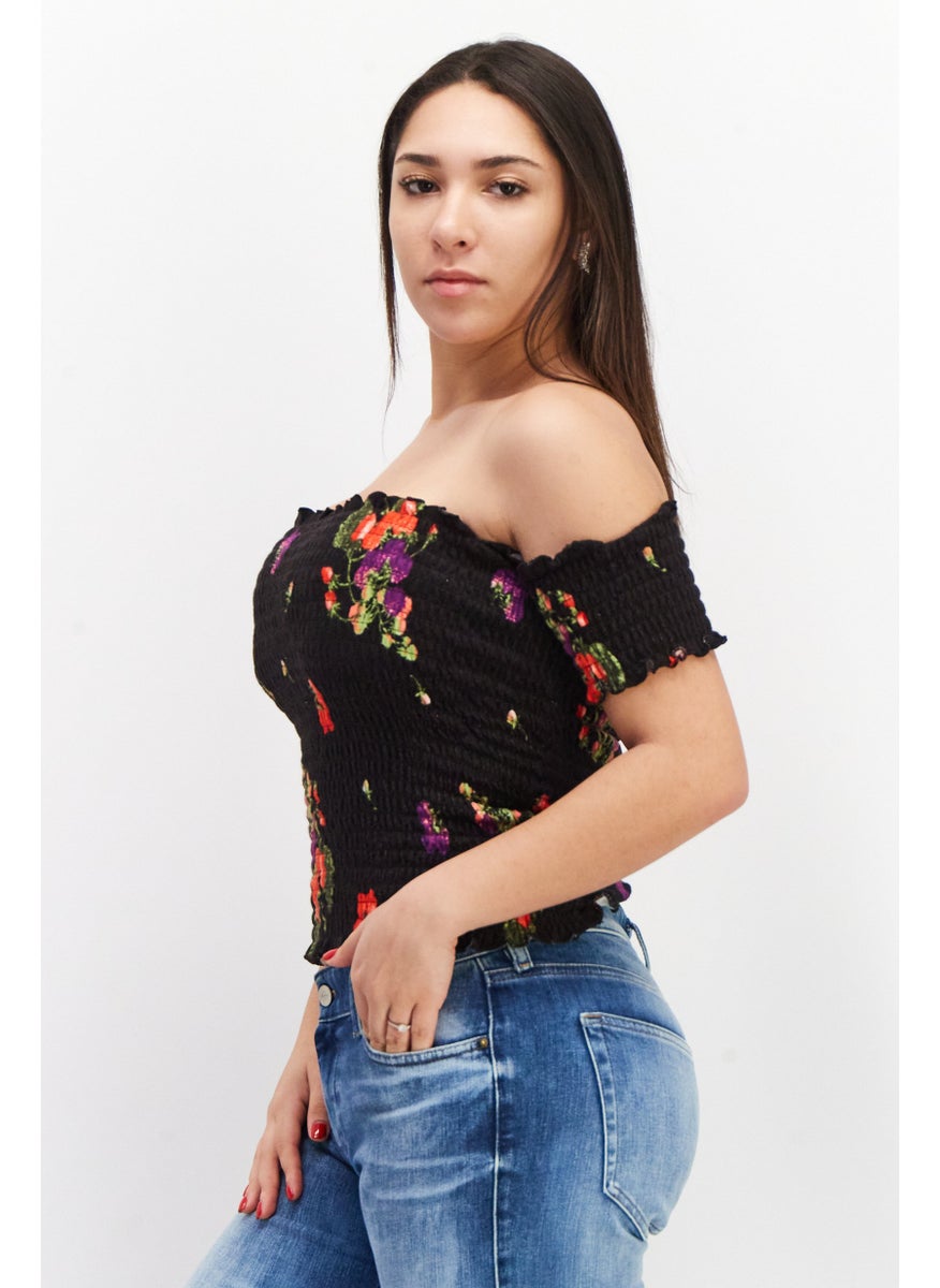 Juicy Couture Women Straight Across Short Sleeve Textured Top, Black Combo  - Image 2
