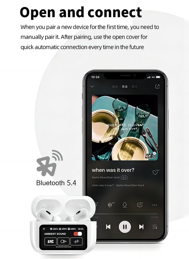 PRO - Smart touch control Bluetooth headset, wireless Bluetooth 5.4 headset touch control, with noise reduction, waterproof function, wireless Bluetooth sports headset (white) - Image 1