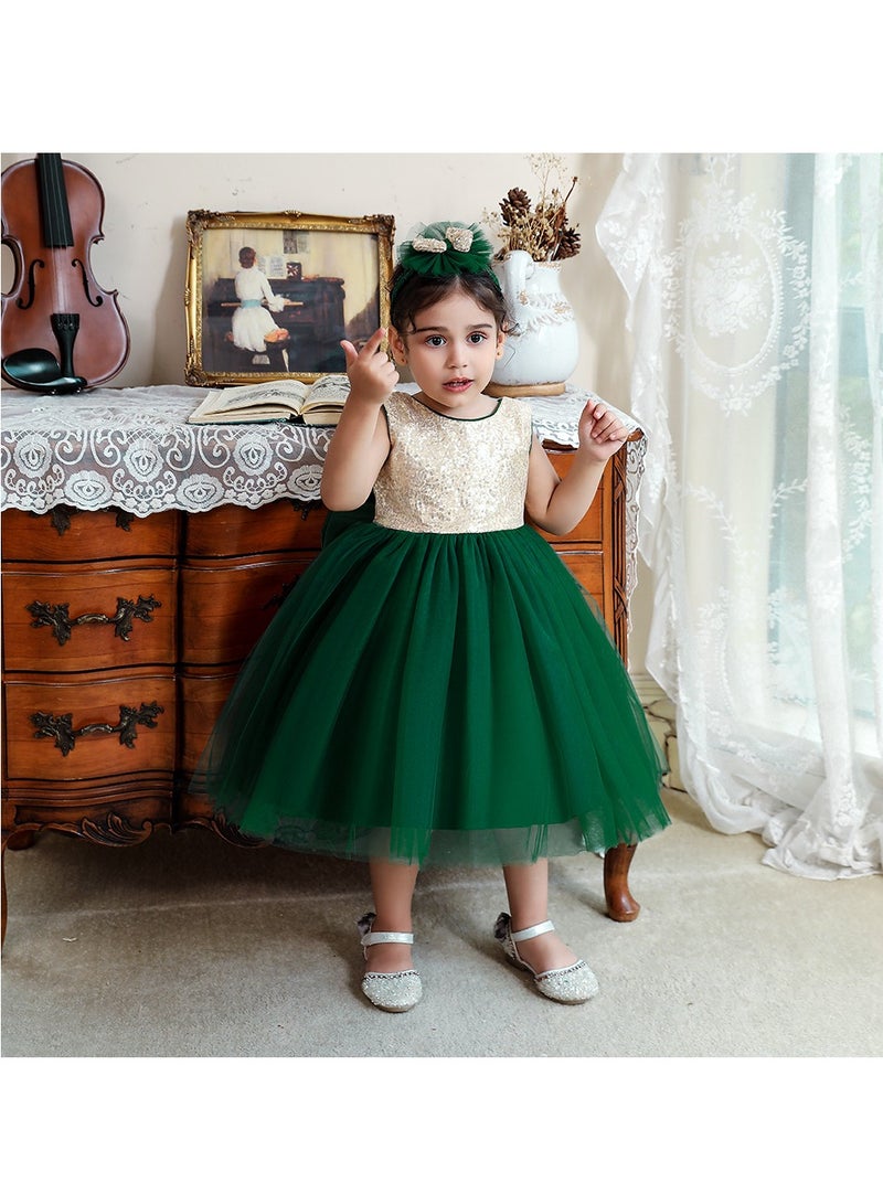 1-2Y Toddler Girl Princess Dress, Gold Sequin Bodice, Dark Green Layered Tulle Skirt with Matching Headwear and Giant Back Bow, Summer Birthday Wedding Party Pageant Gown, Fit for 90cm Height  - Image 1