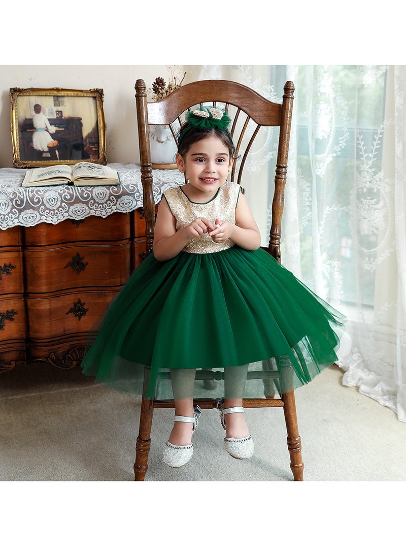 1-2Y Toddler Girl Princess Dress, Gold Sequin Bodice, Dark Green Layered Tulle Skirt with Matching Headwear and Giant Back Bow, Summer Birthday Wedding Party Pageant Gown, Fit for 90cm Height  - Image 5