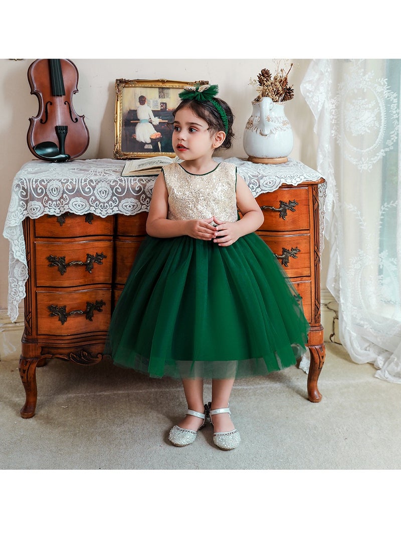 1-2Y Toddler Girl Princess Dress, Gold Sequin Bodice, Dark Green Layered Tulle Skirt with Matching Headwear and Giant Back Bow, Summer Birthday Wedding Party Pageant Gown, Fit for 90cm Height  - Image 2