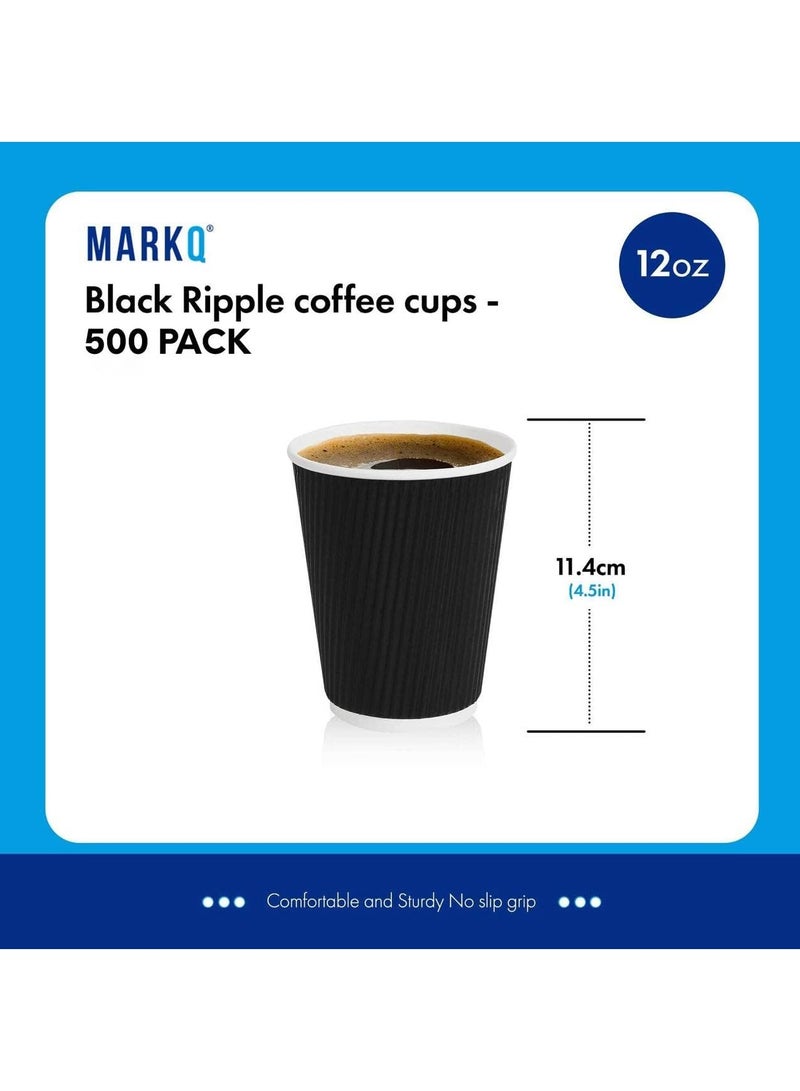 MARKQ 12 oz Black Disposable Coffee Cups | Triple Wall Ripple Paper Cups | Disposable Cups for Hot & Cold Drinks | Eco-Friendly Disposable Cups [500 Cups] - Image 3