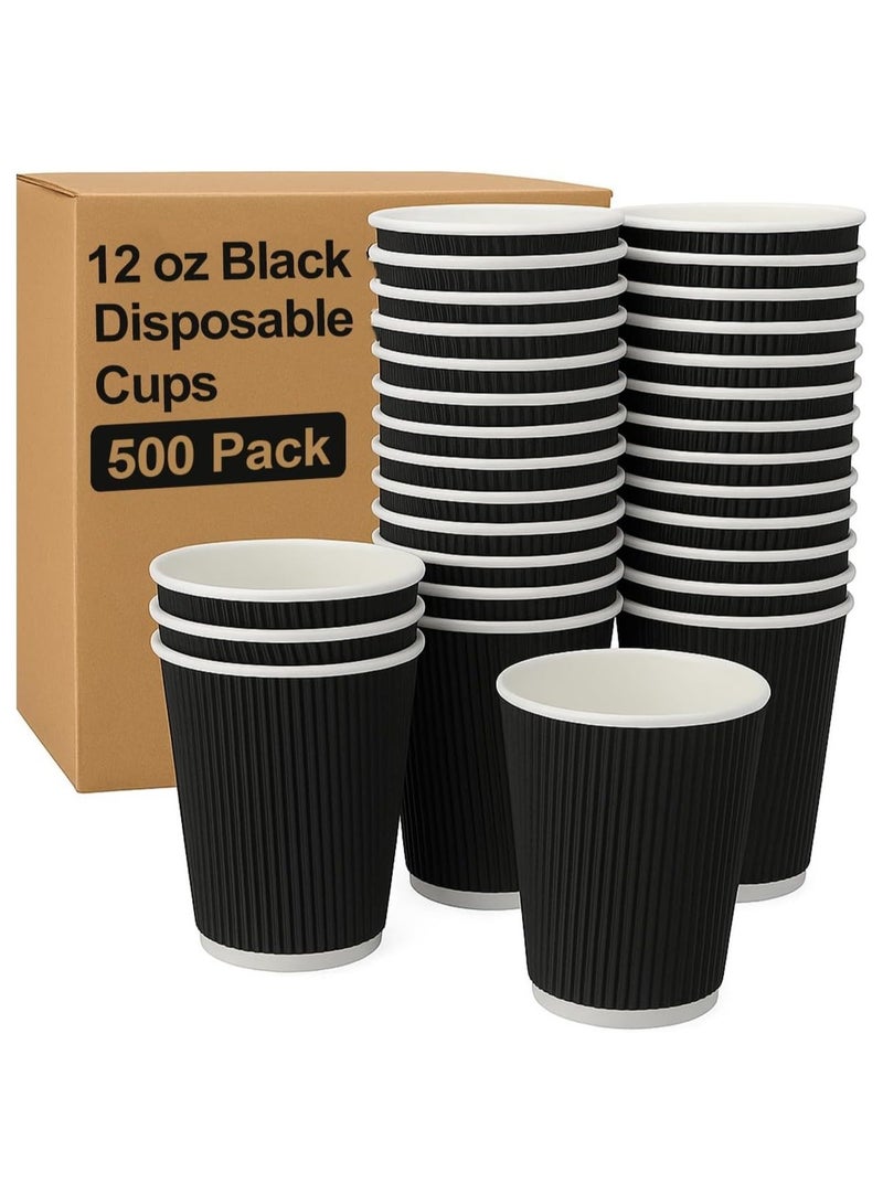 MARKQ 12 oz Black Disposable Coffee Cups | Triple Wall Ripple Paper Cups | Disposable Cups for Hot & Cold Drinks | Eco-Friendly Disposable Cups [500 Cups] - Image 1