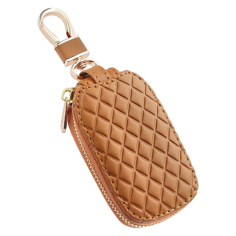 IHOTDER Stylish Car Key Case with Keychain and Zipper Genuine Leather Car Key Case Holder for Remote Key Cover Replacement Brown