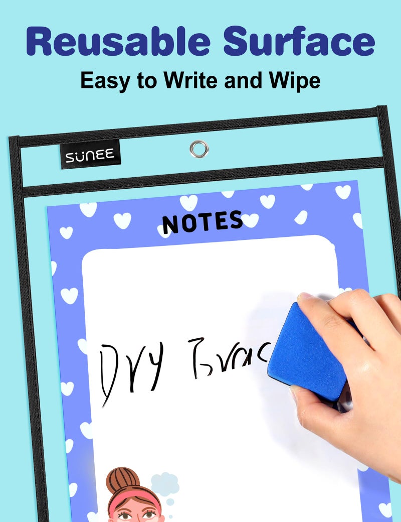 SUNEE 30 Packs Oversized Reusable Dry Erase Pocket Sleeves with 2 Rings, Black 10x14 Ticket Holders, Clear Plastic Sheet Protectors, Teacher School Classroom Supplies - Image 3