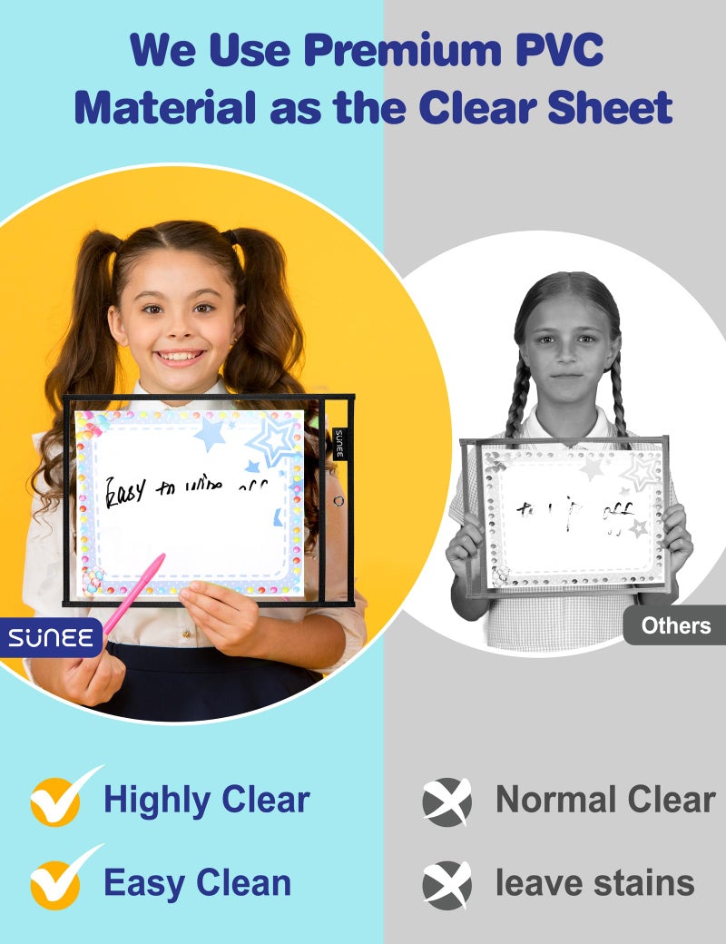 SUNEE 30 Packs Oversized Reusable Dry Erase Pocket Sleeves with 2 Rings, Black 10x14 Ticket Holders, Clear Plastic Sheet Protectors, Teacher School Classroom Supplies - Image 5