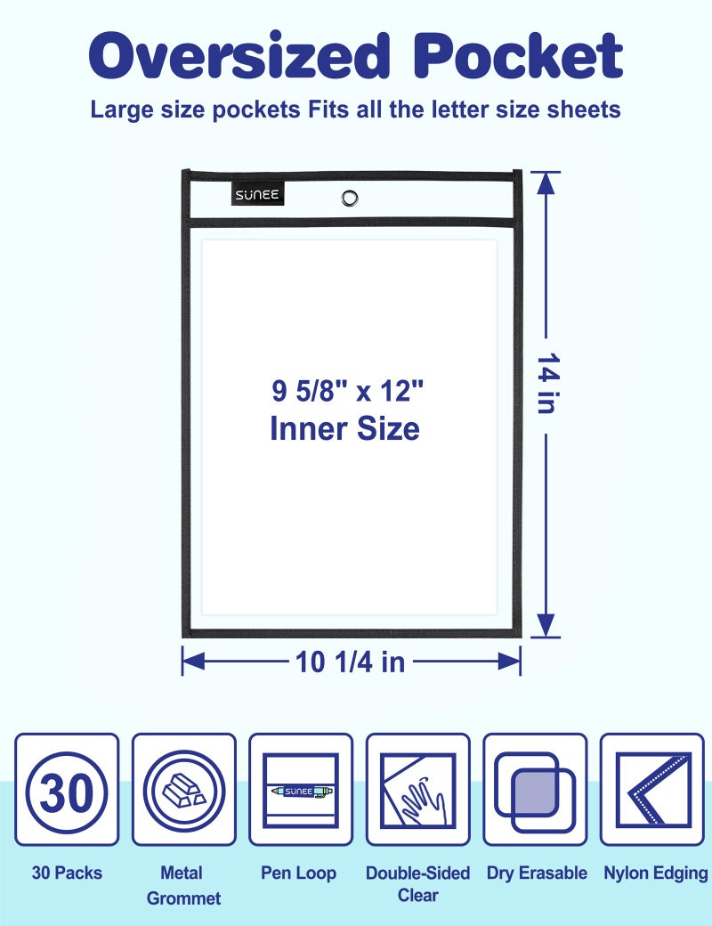 SUNEE 30 Packs Oversized Reusable Dry Erase Pocket Sleeves with 2 Rings, Black 10x14 Ticket Holders, Clear Plastic Sheet Protectors, Teacher School Classroom Supplies - Image 2