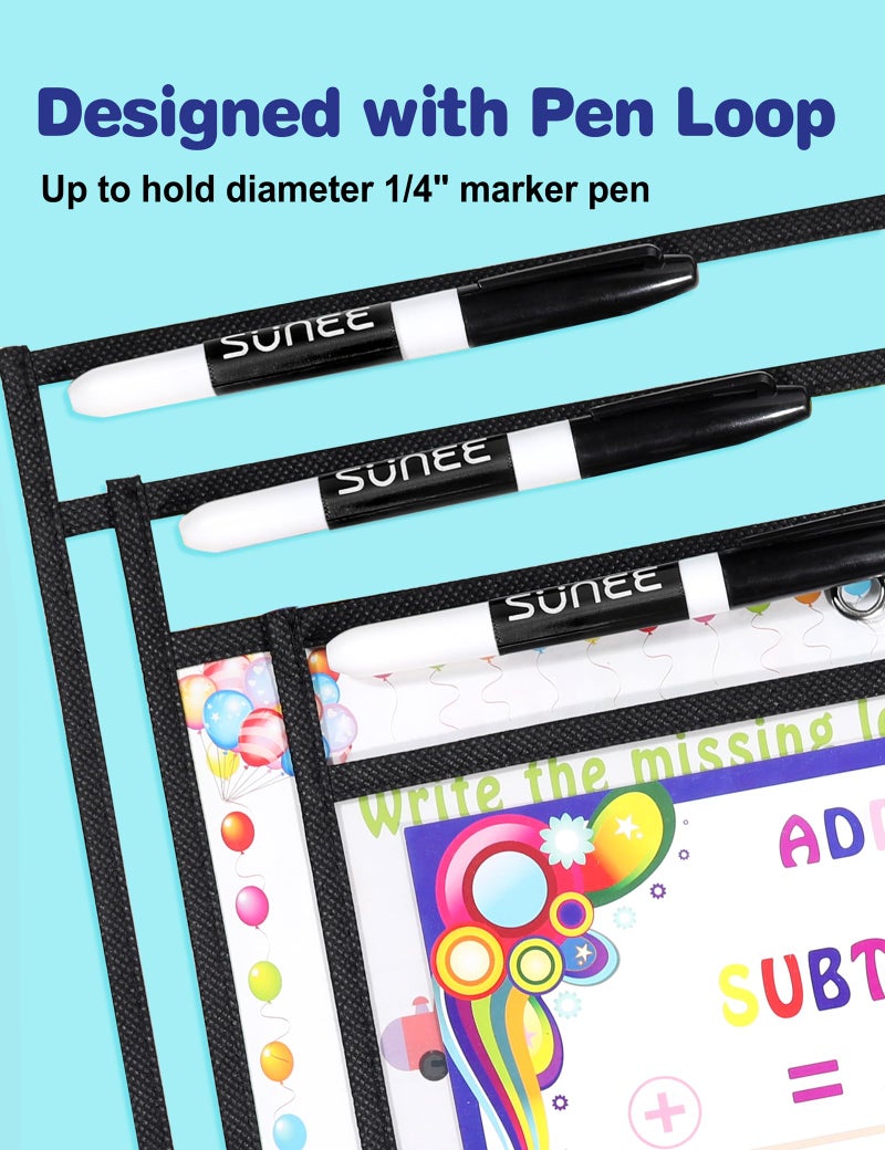 SUNEE 30 Packs Oversized Reusable Dry Erase Pocket Sleeves with 2 Rings, Black 10x14 Ticket Holders, Clear Plastic Sheet Protectors, Teacher School Classroom Supplies - Image 4
