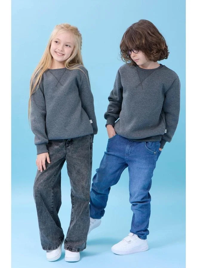 Perendi Unisex Basic Bicycle Collar Sherpa Winter Sweatshirt - Anthracite.