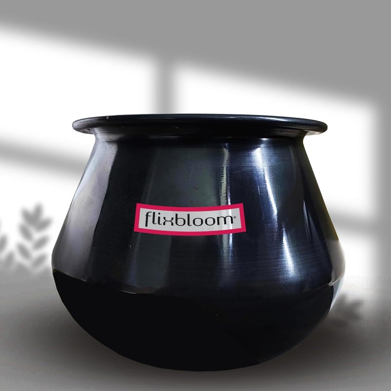 FLIXBLOOM Flixbloom Traditional Shape Black Hard Anodised Kitchen Container for MilkLassi Buttermilk DahiSharbatGravy etc Biryani Pot Handi Black with Stainless Steel Lid Store Serve 2 Litre  - Image 1