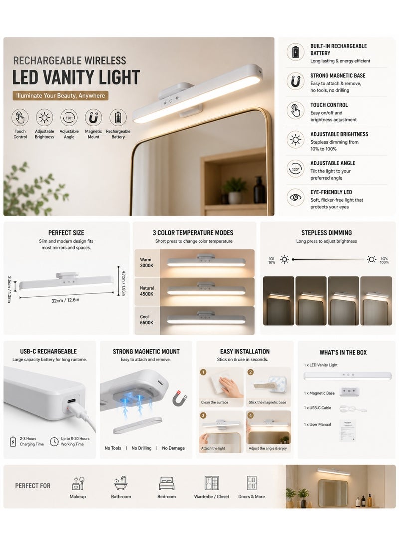 مصباح LED لاسلكي قابل لإعادة الشحن للمرآة | إضاءة مكياج مغناطيسية | تحكم باللمس | سطوع قابل للتعديل | شحن USB | 32 سم - Image 2
