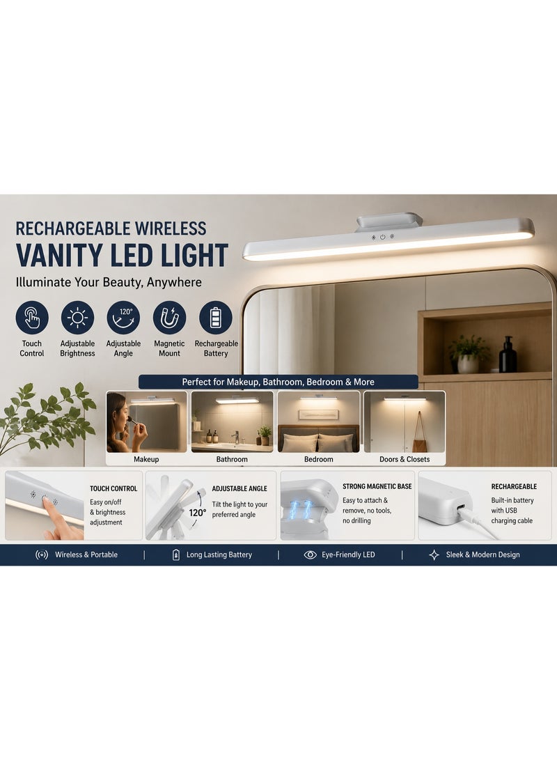 مصباح LED لاسلكي قابل لإعادة الشحن للمرآة | إضاءة مكياج مغناطيسية | تحكم باللمس | سطوع قابل للتعديل | شحن USB | 32 سم - Image 1