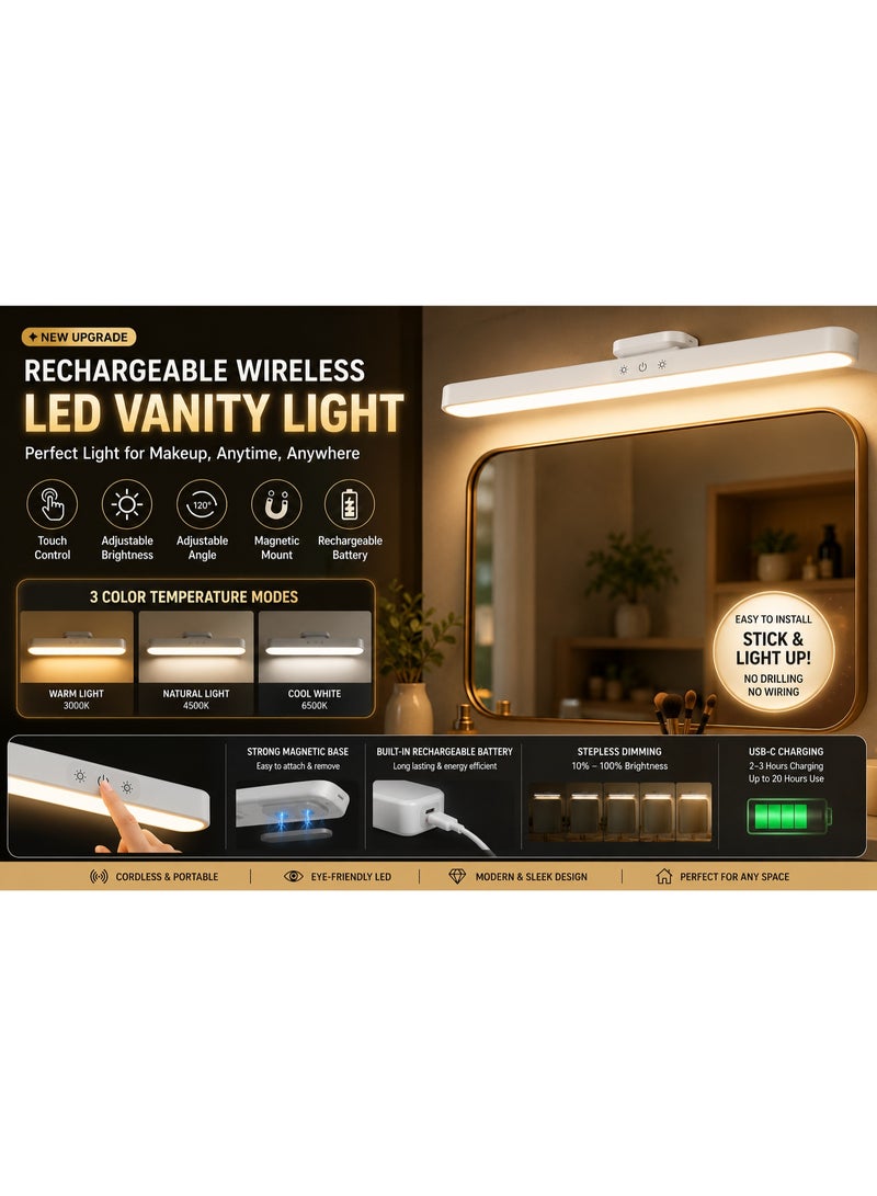 مصباح LED لاسلكي قابل لإعادة الشحن للمرآة | إضاءة مكياج مغناطيسية | تحكم باللمس | سطوع قابل للتعديل | شحن USB | 32 سم - Image 4